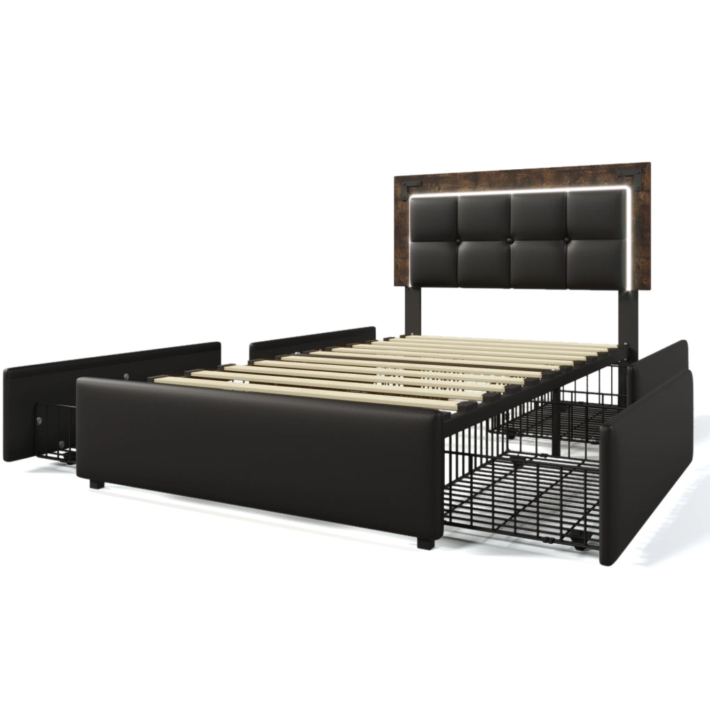 Letto singolo imbottito 90x200 cm in PU nero con LED; testiera regolabile e 4 cassetti