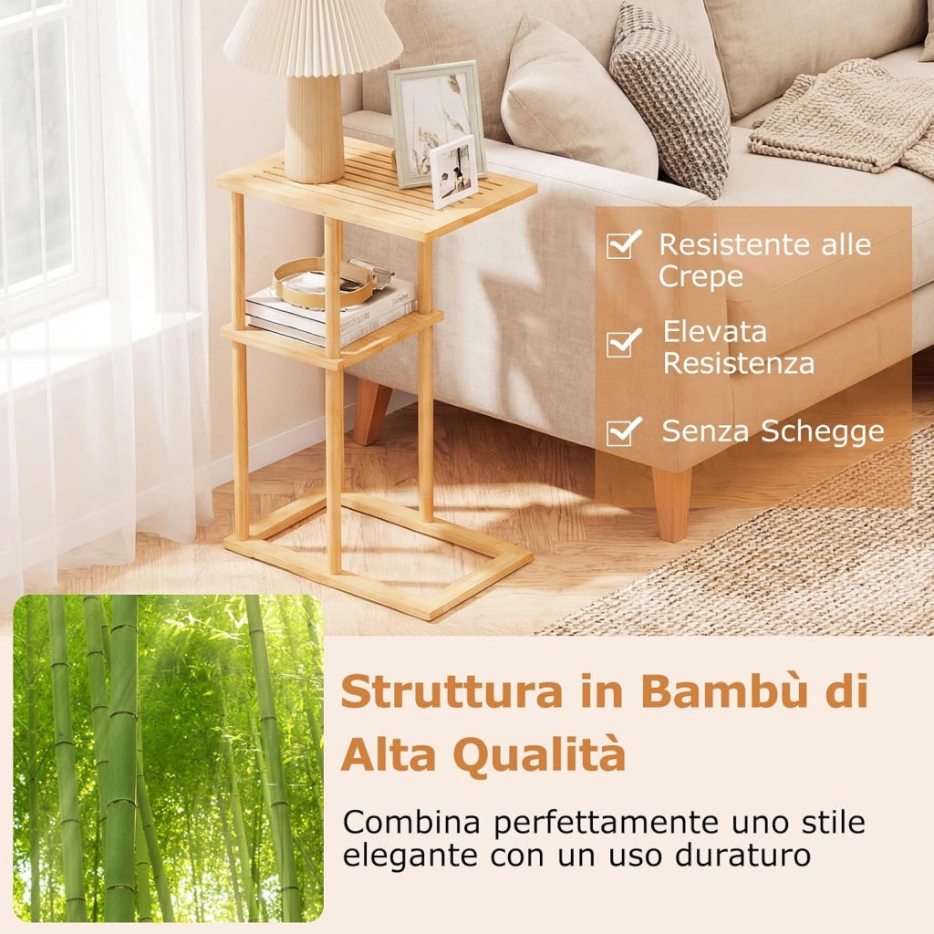 Set di 2 Tavolini Laterali, Tavolino Rettangolare con Ripiani Portaoggetti e Struttura in Bambù, Tavolo Basso da Divano e Letto per Salotto e Camera da Letto