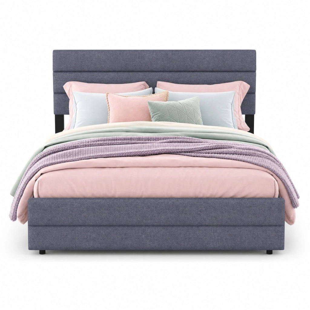 Letto piattaforma 140x200 in tessuto grigio con 2 cassetti e letto estraibile