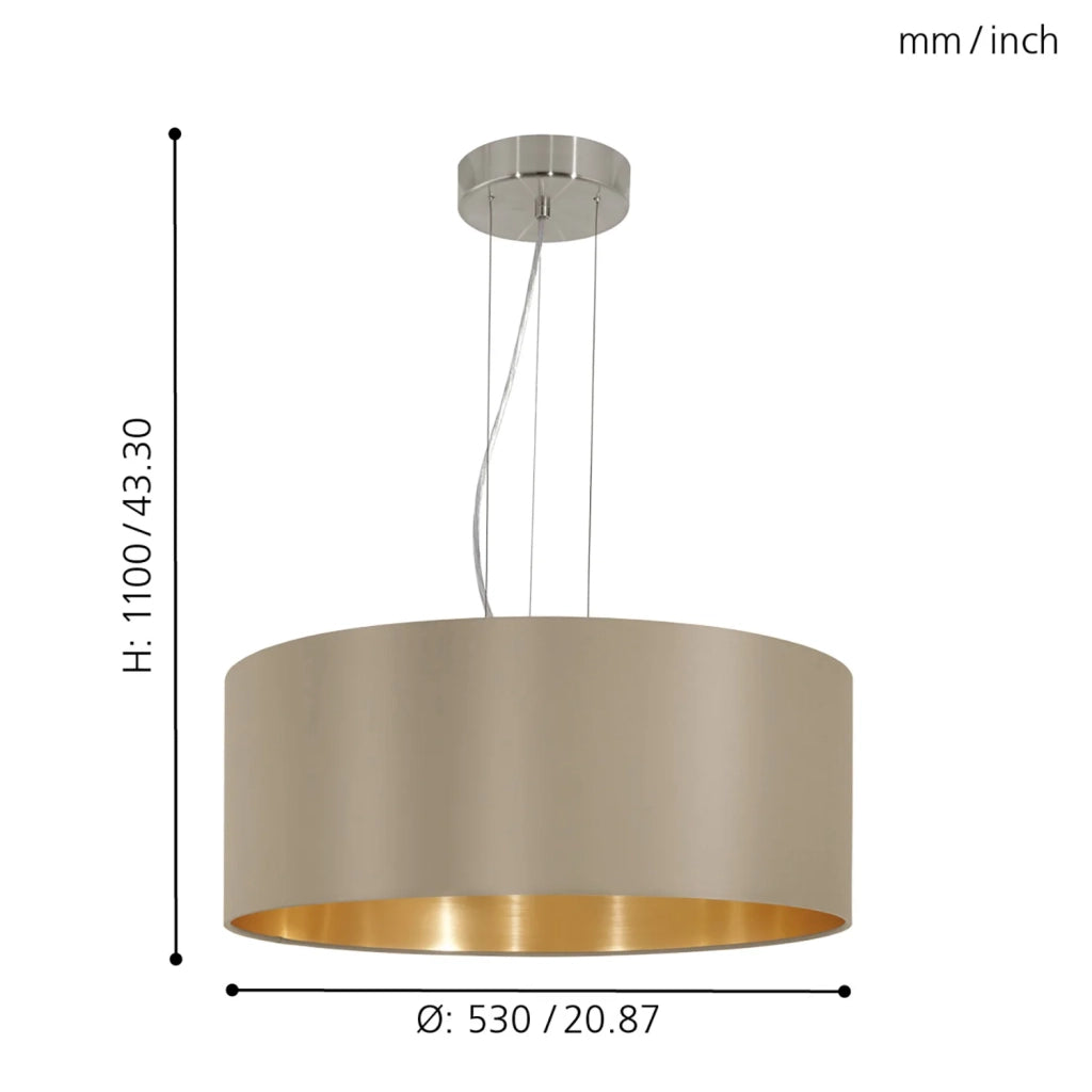 Lampadario A Sospensione Contemporaneo Maserlo Acciaio Nichel Tortora 3 Luci E27