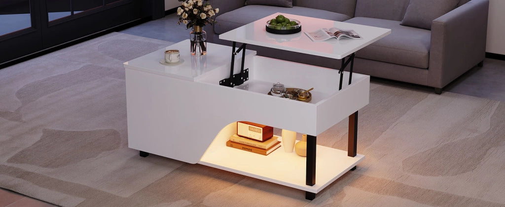 TAVOLO DA SALOTTO H 46-60 cm 50x100 cm Bianco con LED e contenitore
