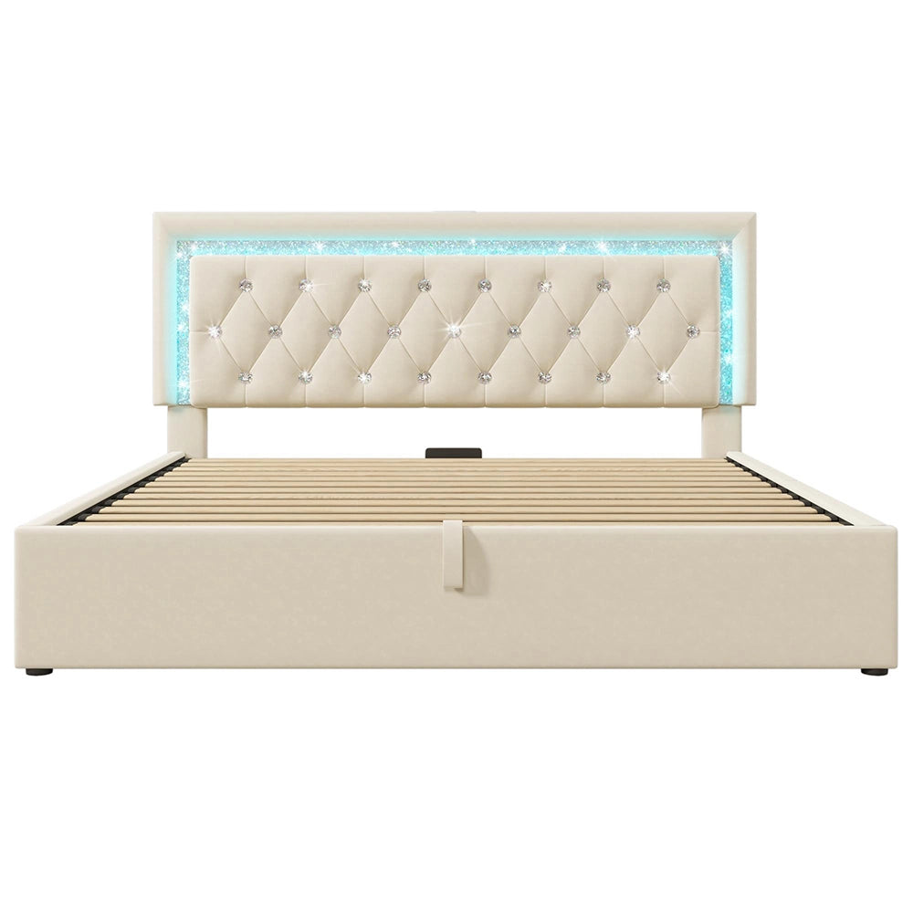 Letto imbottito-Xylo-160x200cm LED diamante USB-C idraulico velluto beige senza materasso