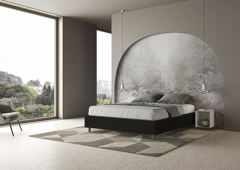 Letto Matrimoniale 160x190 cm con Rete e Contenitore Senza Testata Imbottito in Similpelle Azelia Nero