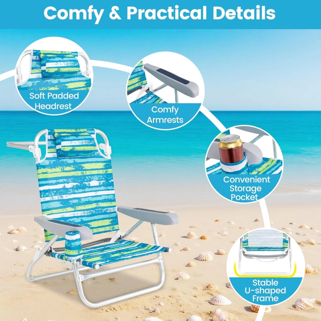 Set di 2 Sedie da Spiaggia Pieghevoli, Spiaggina con Schienale Regolabile in 5 Posizioni, Sdraio Mare con Portabicchieri e Portaasciugamani, Lettino Prendisole per Campeggio, Picnic (Verde)