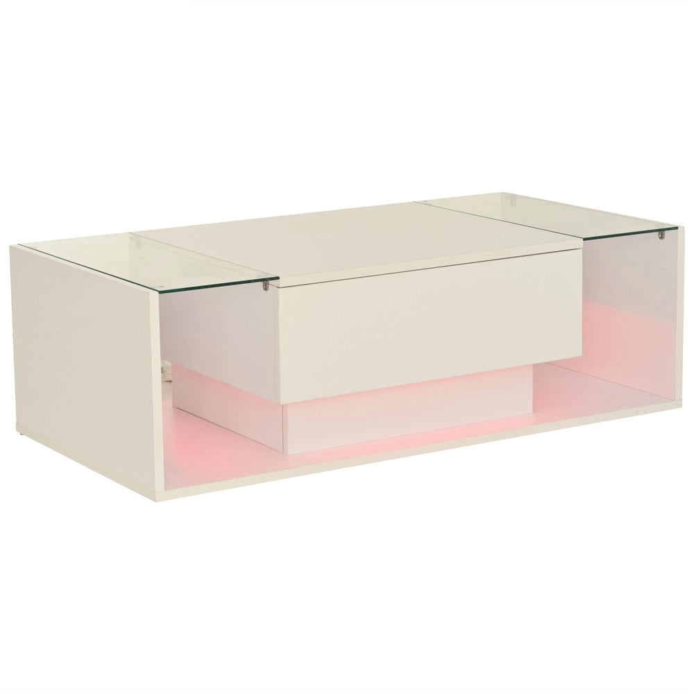Tavolino da Caff¨¨ con LED e Cassetto ¨C MINIMAL ¨C Vetro Temperato Bianco Lucido 100x50x31