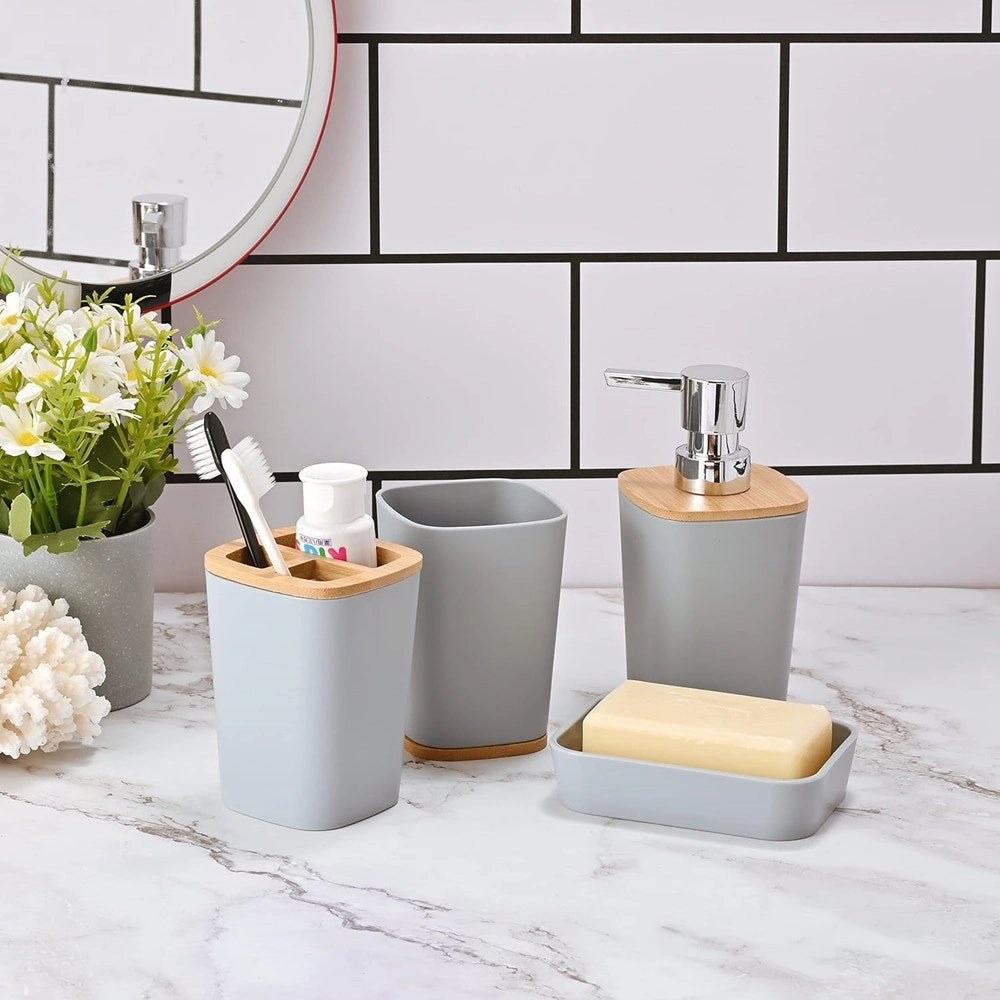 Trade Shop - Set Accessori Bagno In Bambù 6 Pz Moderno Bidone Spazzatura Portasapone Dispenser - Grigio
