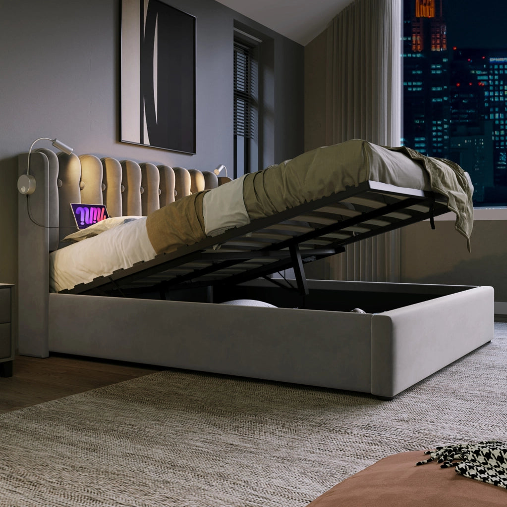 Letto imbottito 140x200 cm in velluto grigio con luci USB e vano contenitore