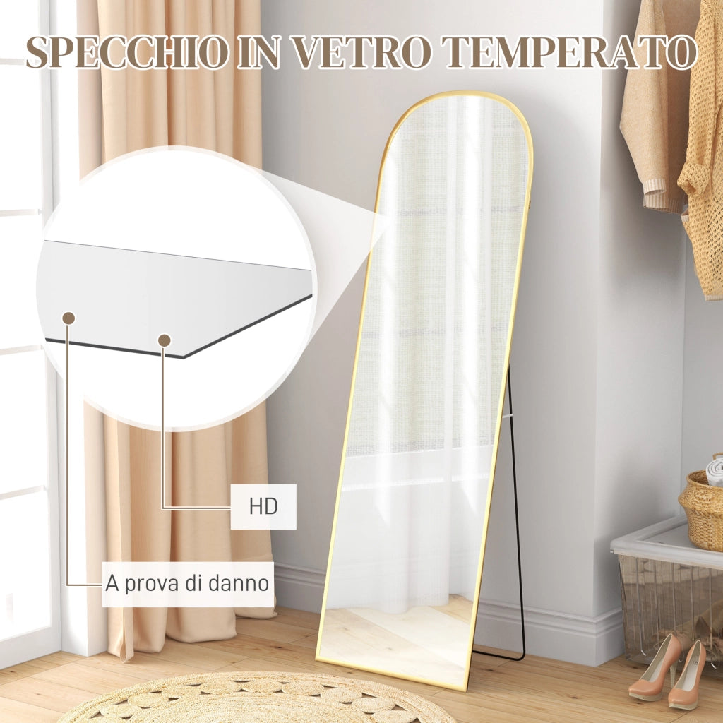 Specchio da Terra e Parete Moderno in Lega di Alluminio con Supporto Pieghevole, 50x170cm, Oro