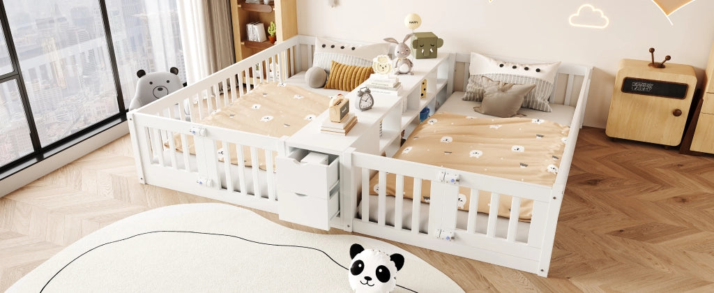 Letto per bambini 90 × 200 cm con scaffale centrale e 2 cassetti, barriere alte, senza materasso, bianco