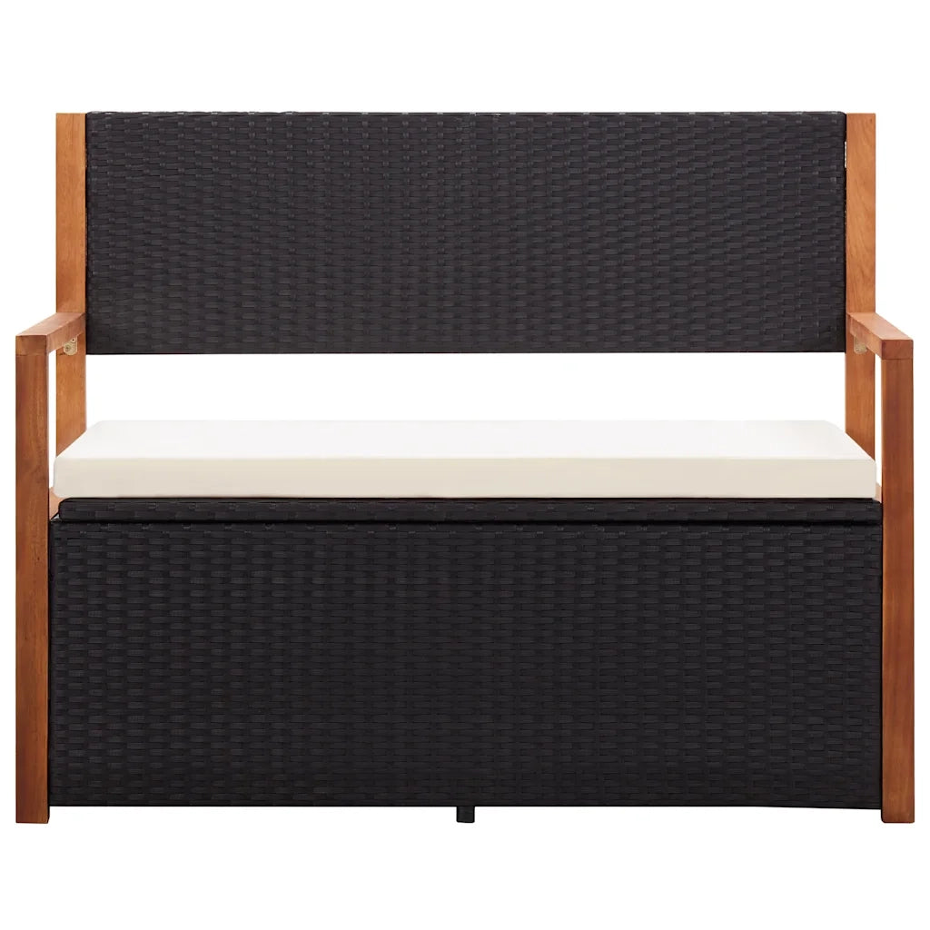 Cassapanca-Panca con Contenitore-Baule 115 cm in Polyrattan e Legno Massello di Acacia Nero