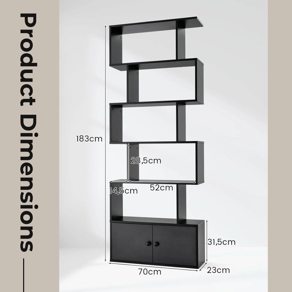 Scaffale a 6 Ripiani con cassetto, Libreria Autoportante, Scaffale da Terra, Design Moderno, 70 x 23 x 183 cm, Bianco/Marrone/Nero (Nero)