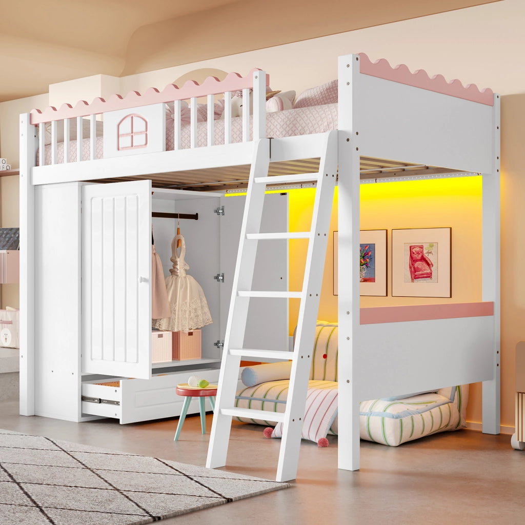 LETTO A CASTELLO 90x200 cm in pino bianco con LED, armadio e cassetti