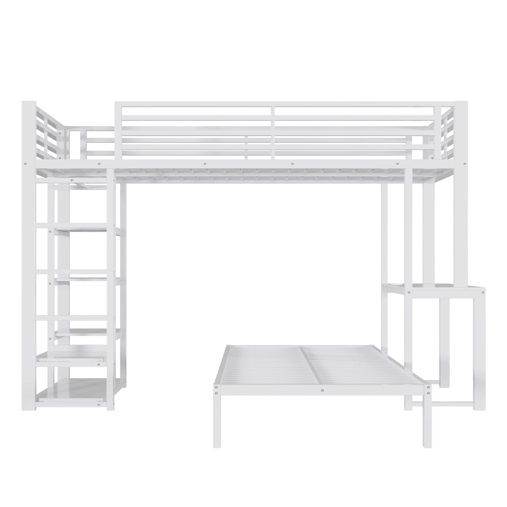 Letto a soppalco singolo 90×200 cm con scrivania; ripiani e guardaroba; senza materasso; metallo e MDF; bianco