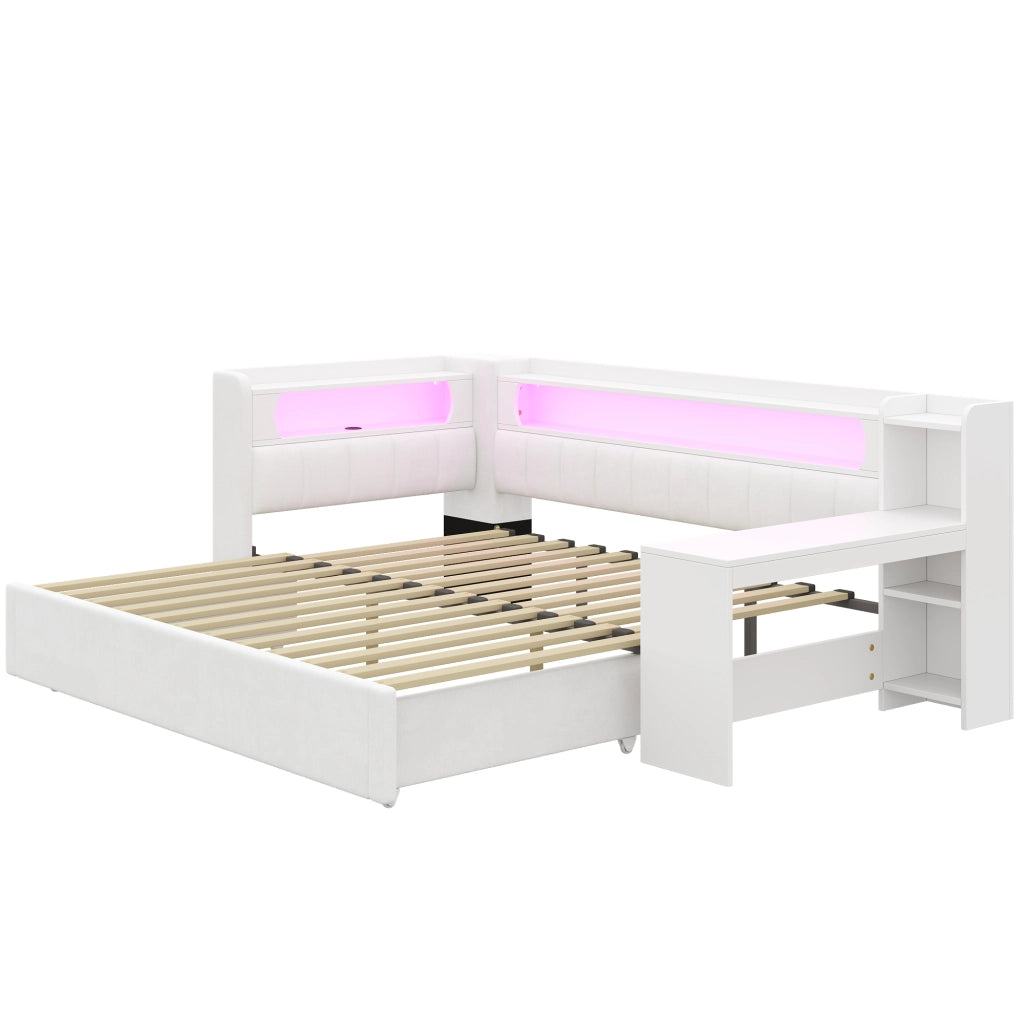 Letto estraibile da 90x200 a 180x200 cm; imbottito bianco con scrivania integrata; USB e LED