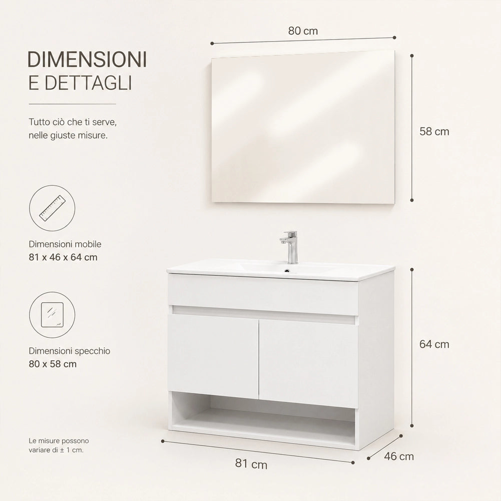 Set Completo Mobile da Bagno Sospeso 85.5cm Due Ante Bianco Specchio e Accessori