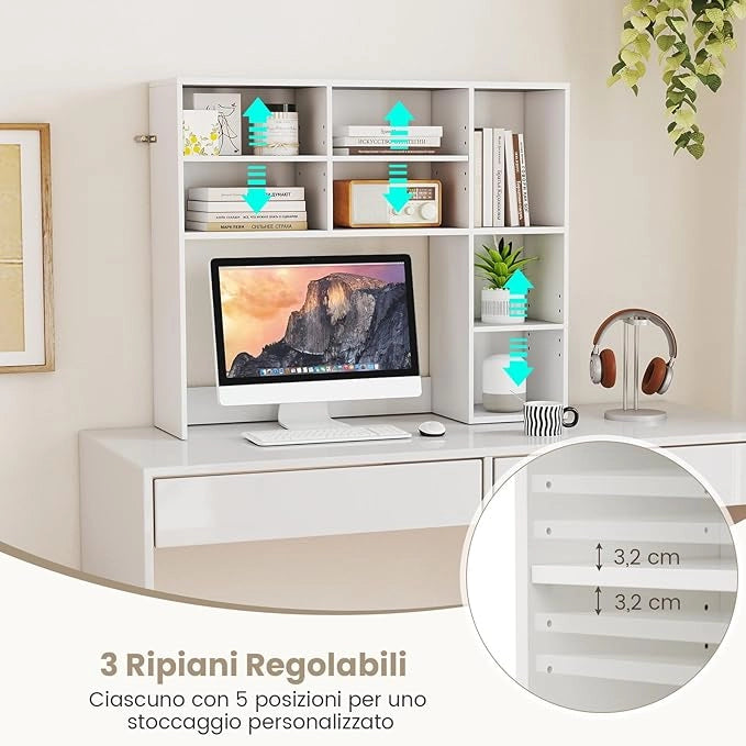 Libreria da Scrivania, Scaffale per Scrivania con 3 Ripiani Regolabili e Scomparto Aperto per Monitor 27", Organizzatore di Spazio per Casa Ufficio Dormitorio, 94x25x79 cm (Bianco)