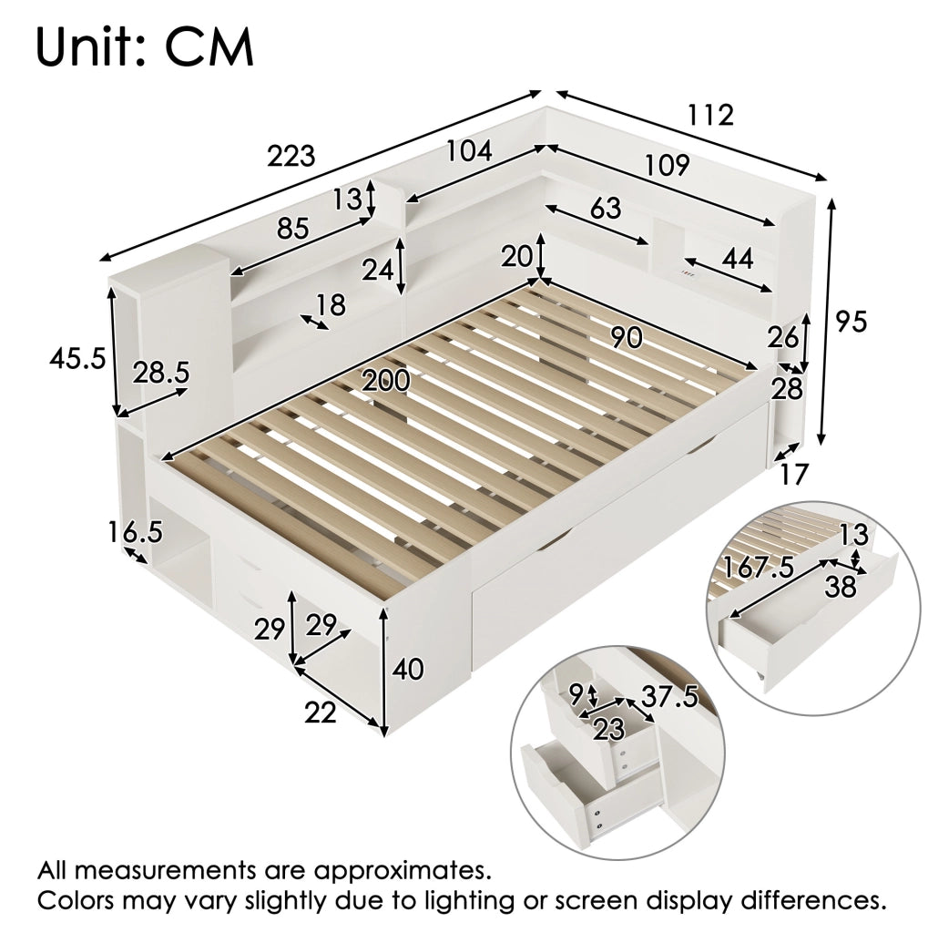 Letto una piazza con contenitore e LED 90x200 cm in legno bianco con USB e tipo C; con materasso