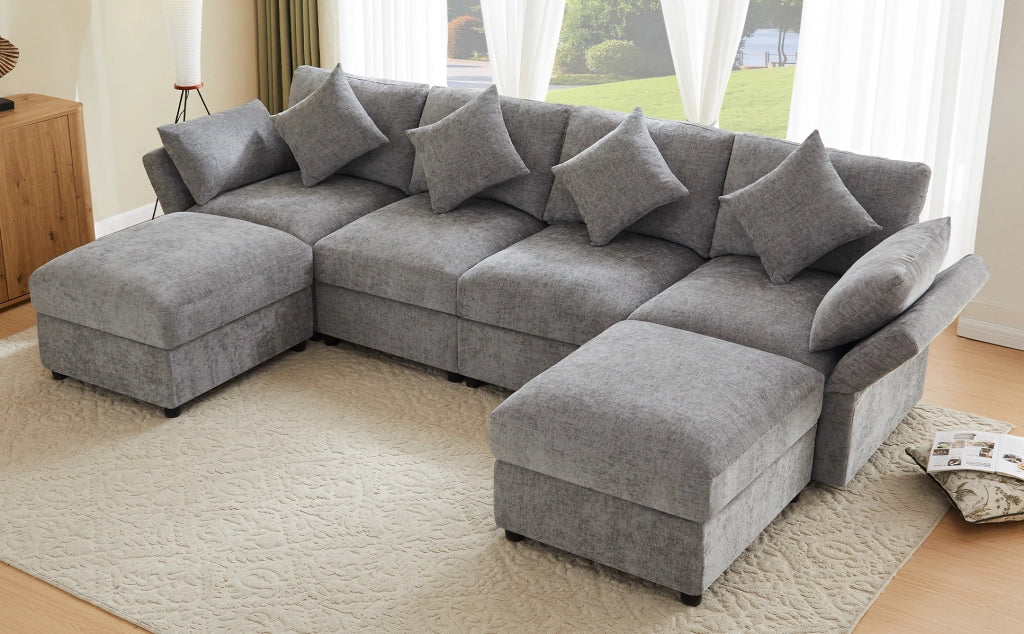 Sofa modulare ad angolo a forma di U/L in tessuto chenille grigio con 2 pouf e 6 cuscini
