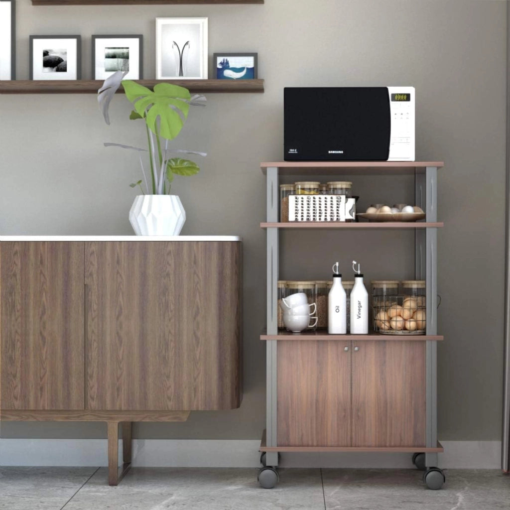 Carrello a rotelle a microonde, carrello da cucina a microonde, con 4 ruote e 2 freni, ripiano portaoggetti a 3 livelli e armadio ante,60 x 40 x 98 cm (Marrone)