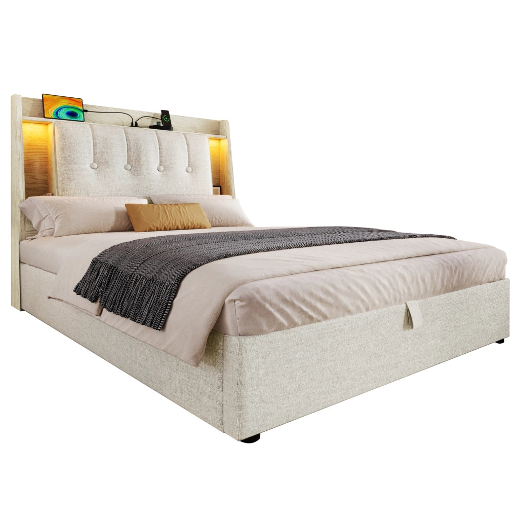 Letto imbottito 90x200 cm con LED, USB e USB-C, vano contenitore, in lino beige