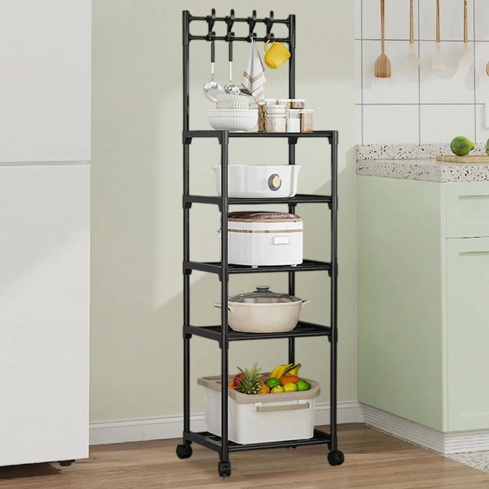 Trade Shop - Carrello Portaoggetti A 5 Ripiani Scaffale Multiuso Con Ruote Ganci Per Cucina Bagno Nero -