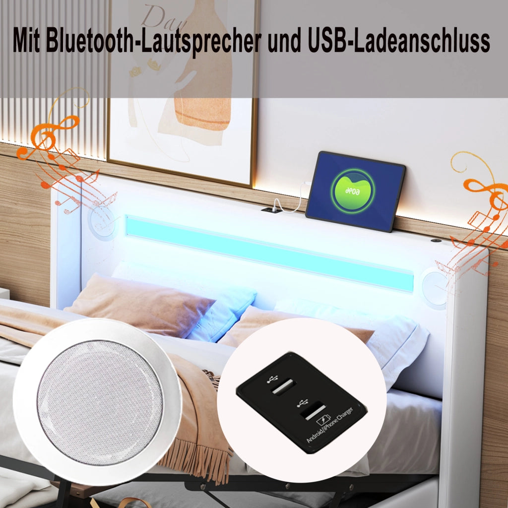 OKWISH Letto Contenitore 160×200 cm, Letto Matrimoniale con LED, Bluetooth, USB e Tipo C, senza Materasso, in Ecopelle, Bianco
