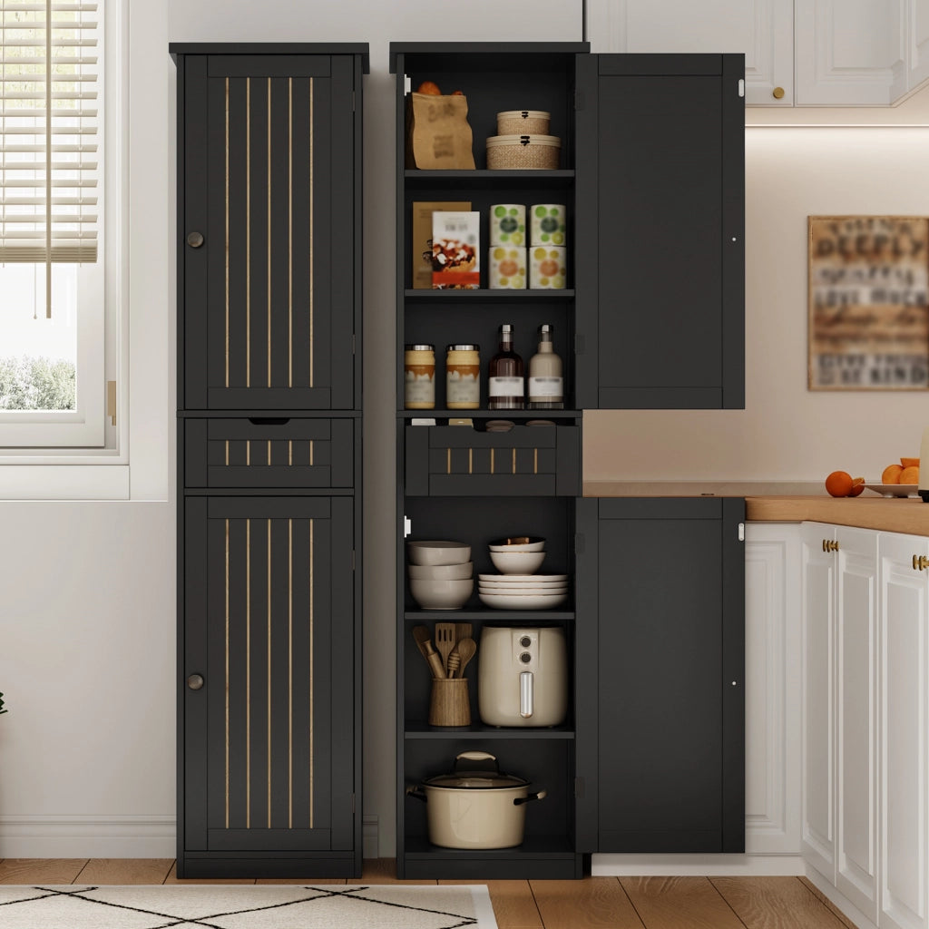 Dispensa alta con 4 ripiani regolabili e 2 ante, stile retrò, per cucina e soggiorno, in MDF, nero, 40 × 30 × 170 cm