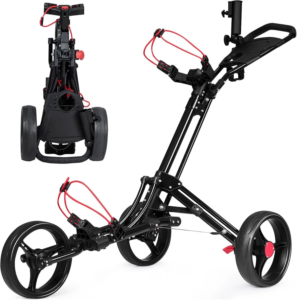 Carrello da Golf Pieghevole con 3 Ruote, Trolley da Golf con Portaombrelli e Porta Bicchiere, Golf Cart Apertura e Chiusura Facile, Nero