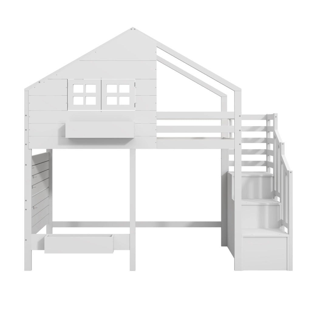 Letto a Castello 90x200 cm con finestra; mensole e scala contenitore in bianco