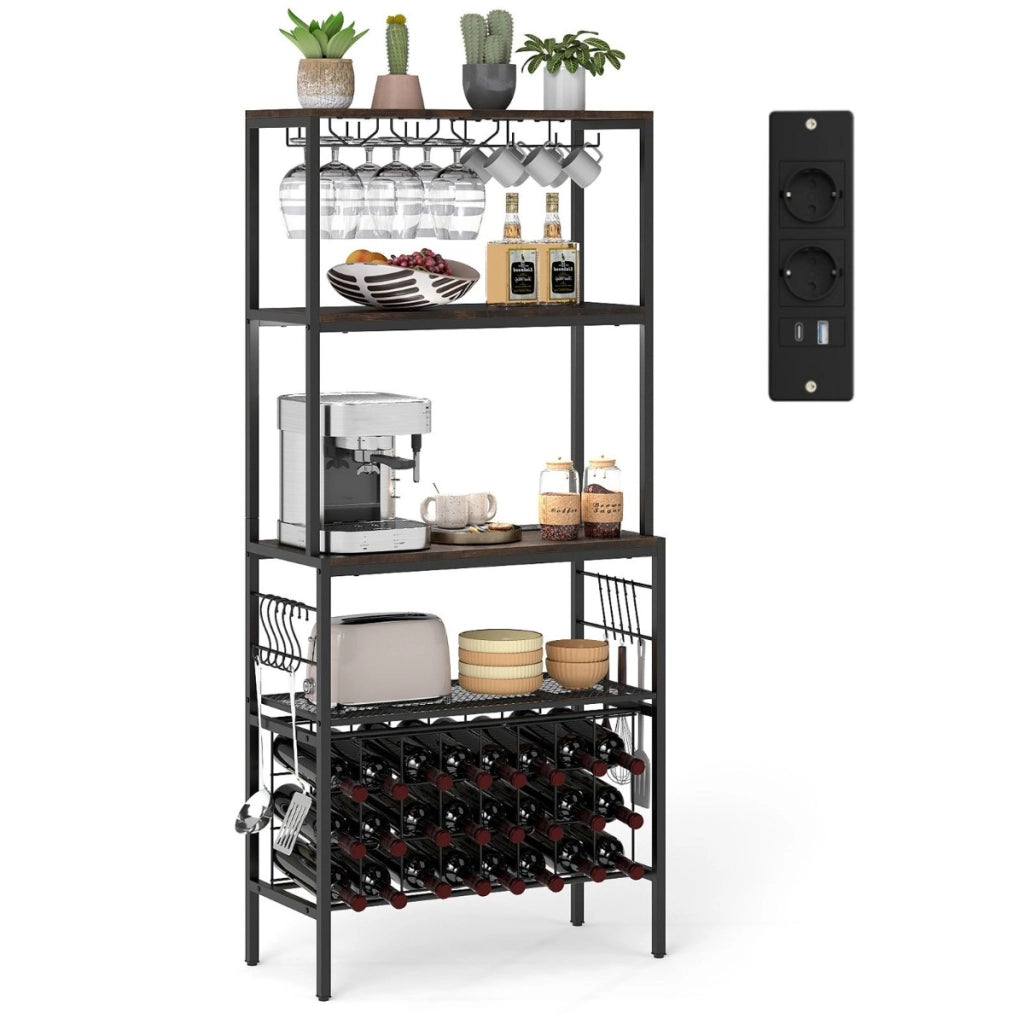 Scaffale multi-livello con portabicchieri e porta tazze per microonde per cucina-Organizer per vini con presa di corrente Marrone