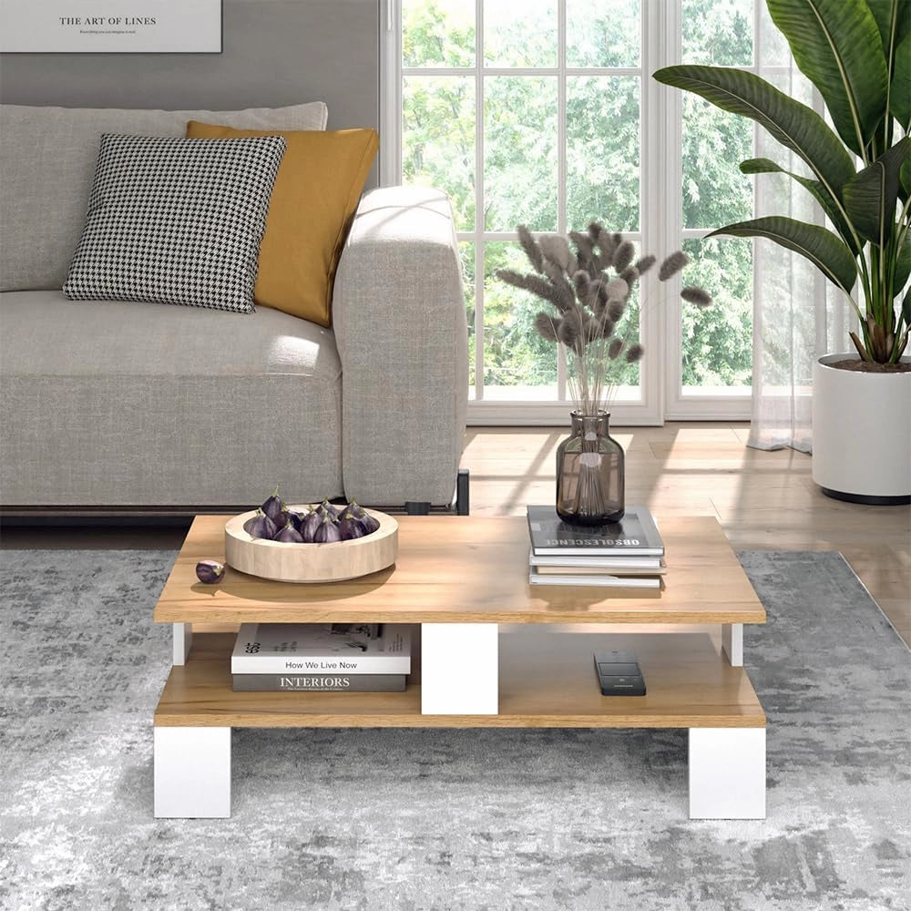 Tavolino da salotto Belina, Quercia dorata/bianco, 80 x 50 cm con due livelli
