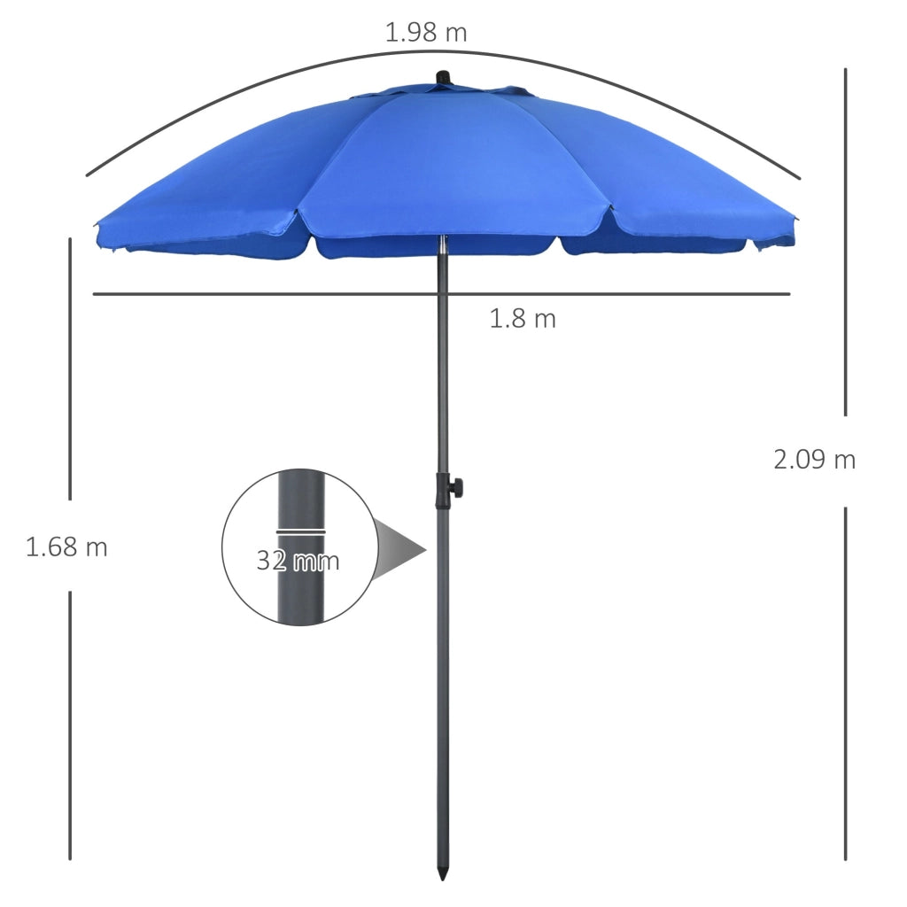 Ombrellone da Giardino Ø180x209H cm Spiaggia Reclinazione a 45° e 8 Stecche Blu