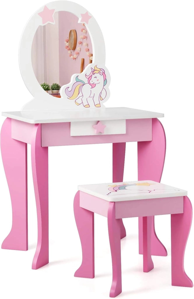 Set di Specchiera e Sgabello per Bambini, Tavolo da Trucco Giocattolo in Legno con Cassetto, Ideale Regalo per Ragazze di 3-7 Anni, con Portata di 15kg, 49x35,5x89cm (Bianco)