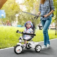 Triciclo per Bambini con Maniglione di Spinta, Tettuccio, Barra di Sicurezza e Box, 105x47x89 cm, Bianco e Nero