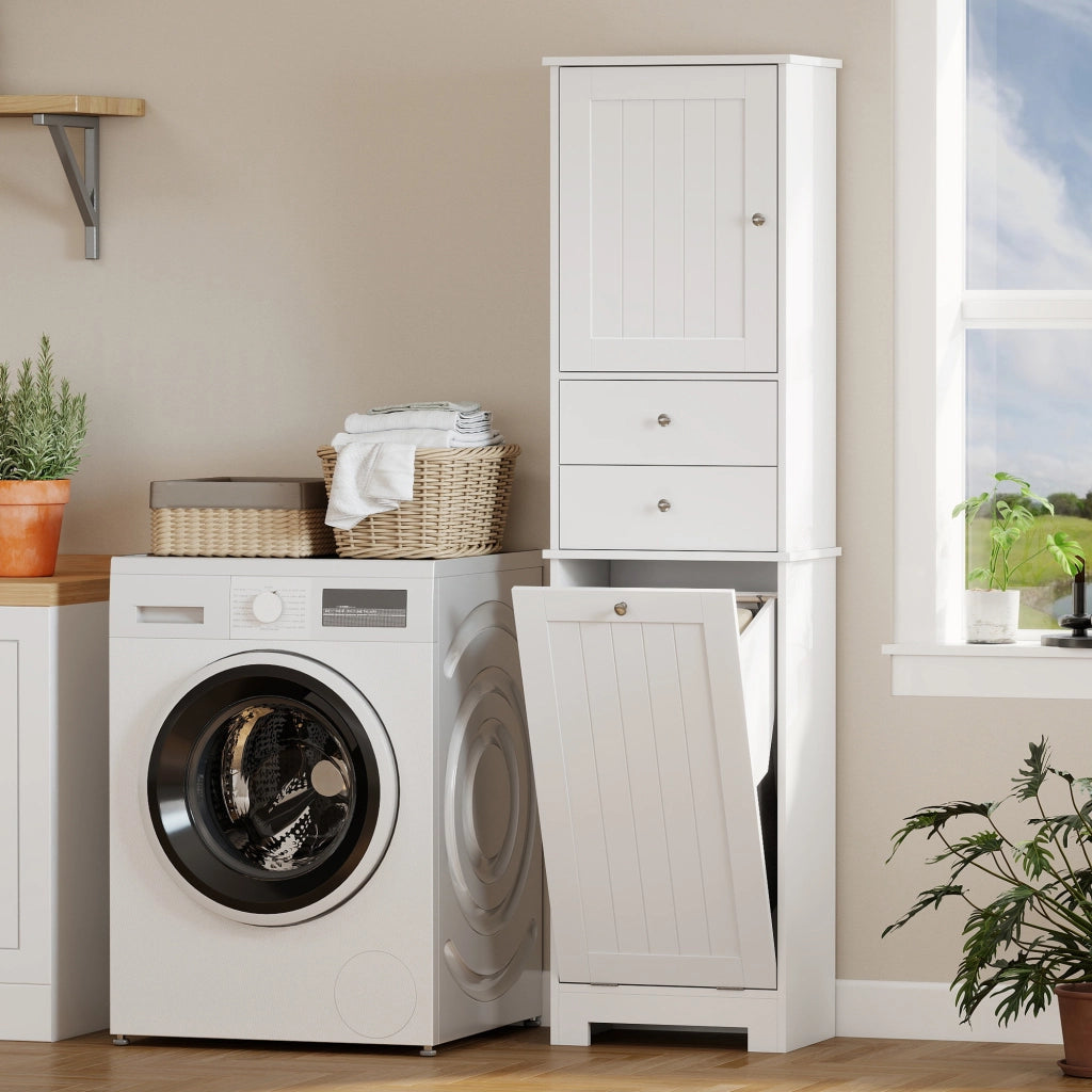 Mobile Bagno con Cesto, Armadietto e 2 Cassetti ¨C zephmum ¨C Legno, Bianco, 45x30x171 cm