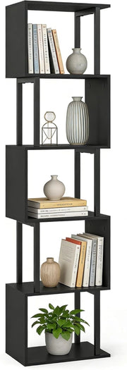 Libreria a forma di S, Scaffale Libri a 5 Livelli con Struttura in Metallo e Kit Anti-Ribaltamento, Mobile Contenitore per Soggiorno, Camera da Letto e Ufficio, 38 x 23 x 147 cm (Nero)