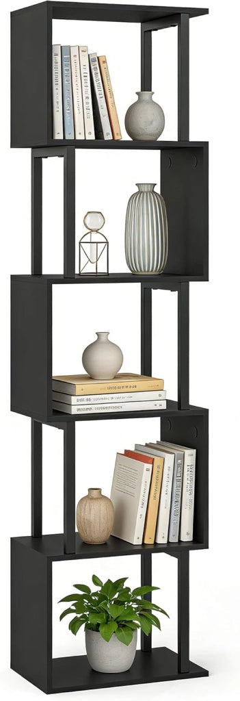 Libreria a forma di S, Scaffale Libri a 5 Livelli con Struttura in Metallo e Kit Anti-Ribaltamento, Mobile Contenitore per Soggiorno, Camera da Letto e Ufficio, 38 x 23 x 147 cm (Nero)