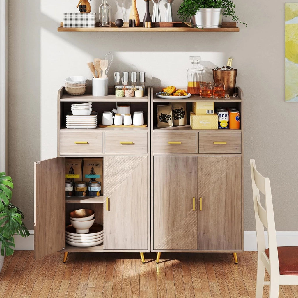 Credenza Cucina, Piano Superiore con Bordo Anticaduta, Scomparto Aperto, 2 Cassetti e Armadietto a Doppia Anta, Mobile Moderno con 2 Antiribaltamento per Soggiorno e Ingresso (Grigio)