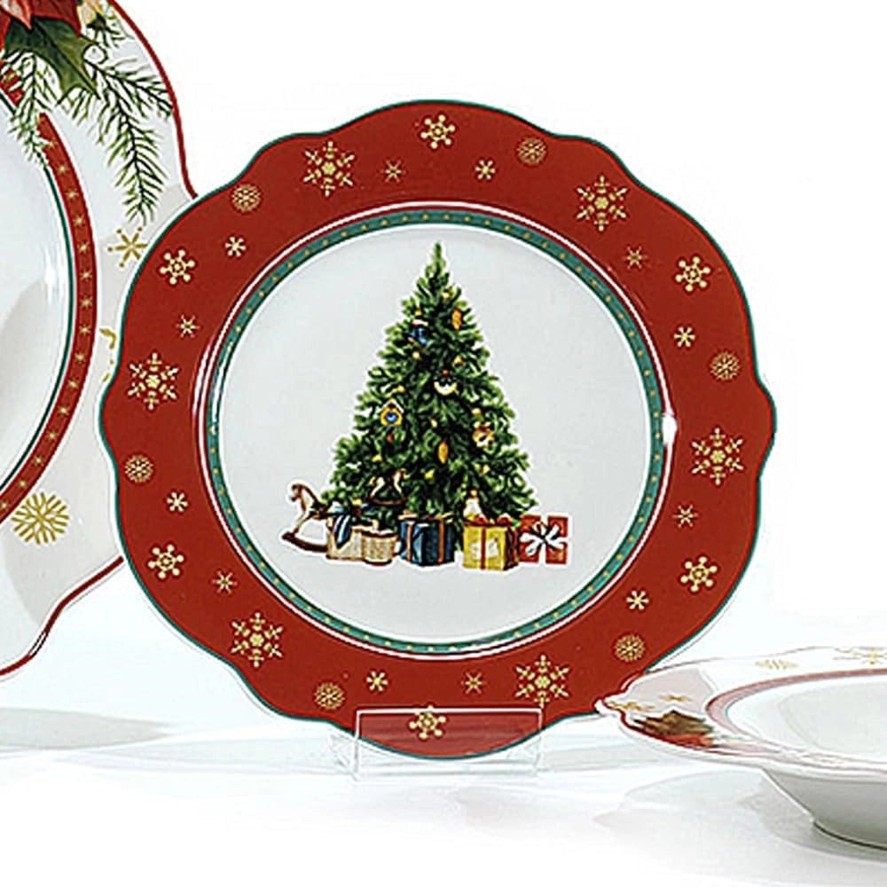 Trade Shop - Servizio Di Piatti Natalizi Da 18pz In Porcellana Per Festività Design Ondulato Elegante -
