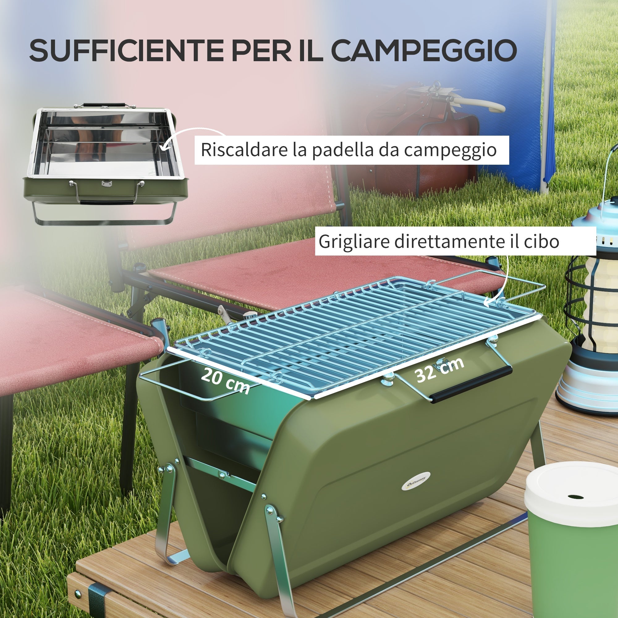 Barbecue Portatile e Pieghevole a Valigetta 47x30x28 cm a Carbonella Verde