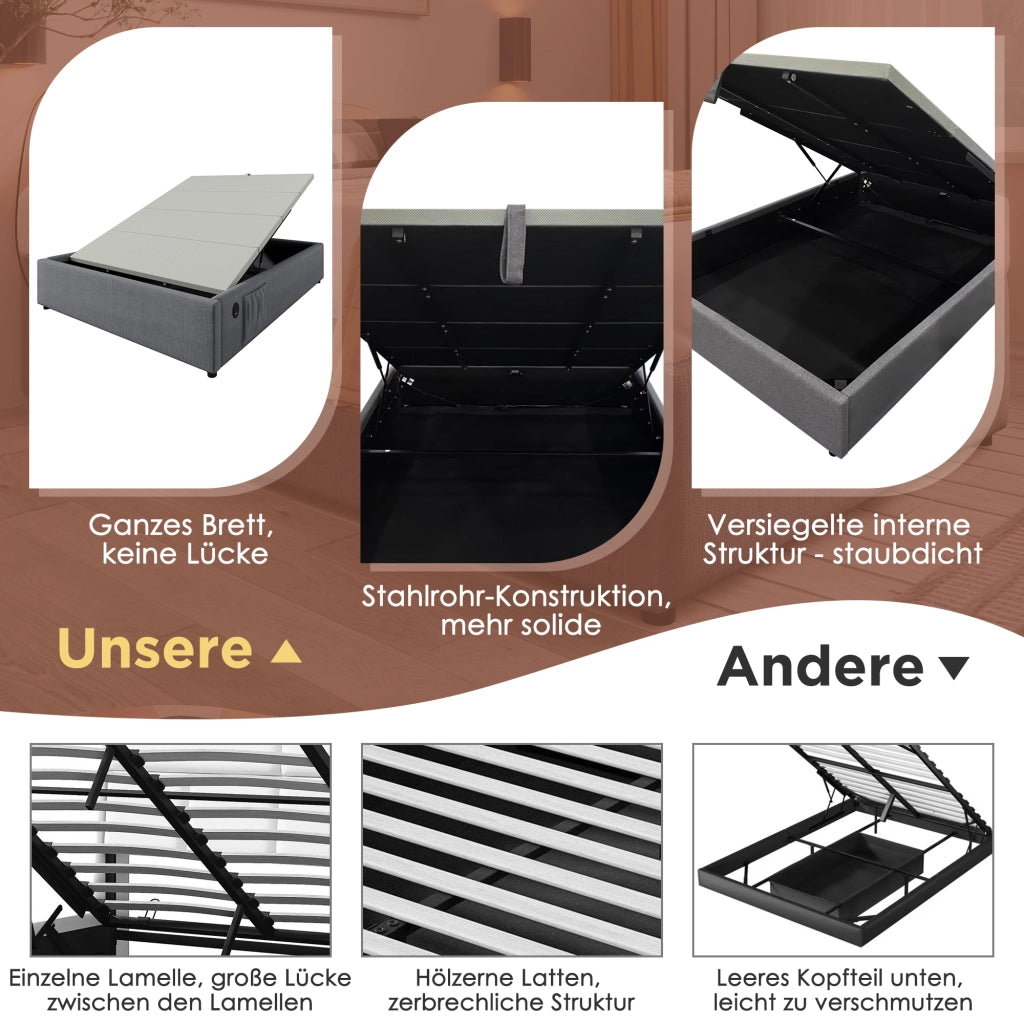 LETTO Contenitore 160x200 cm Grigio con USB Type-C senza testiera
