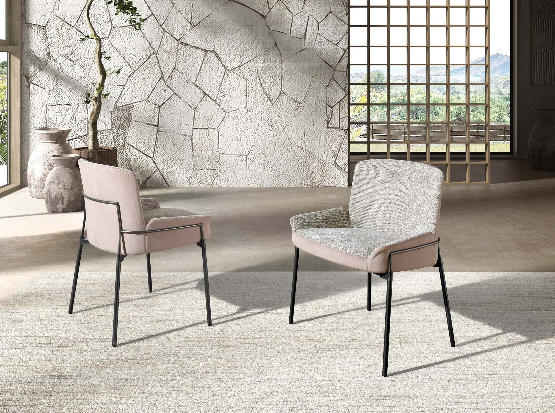 Sedia in tessuto grigio e velluto marrone