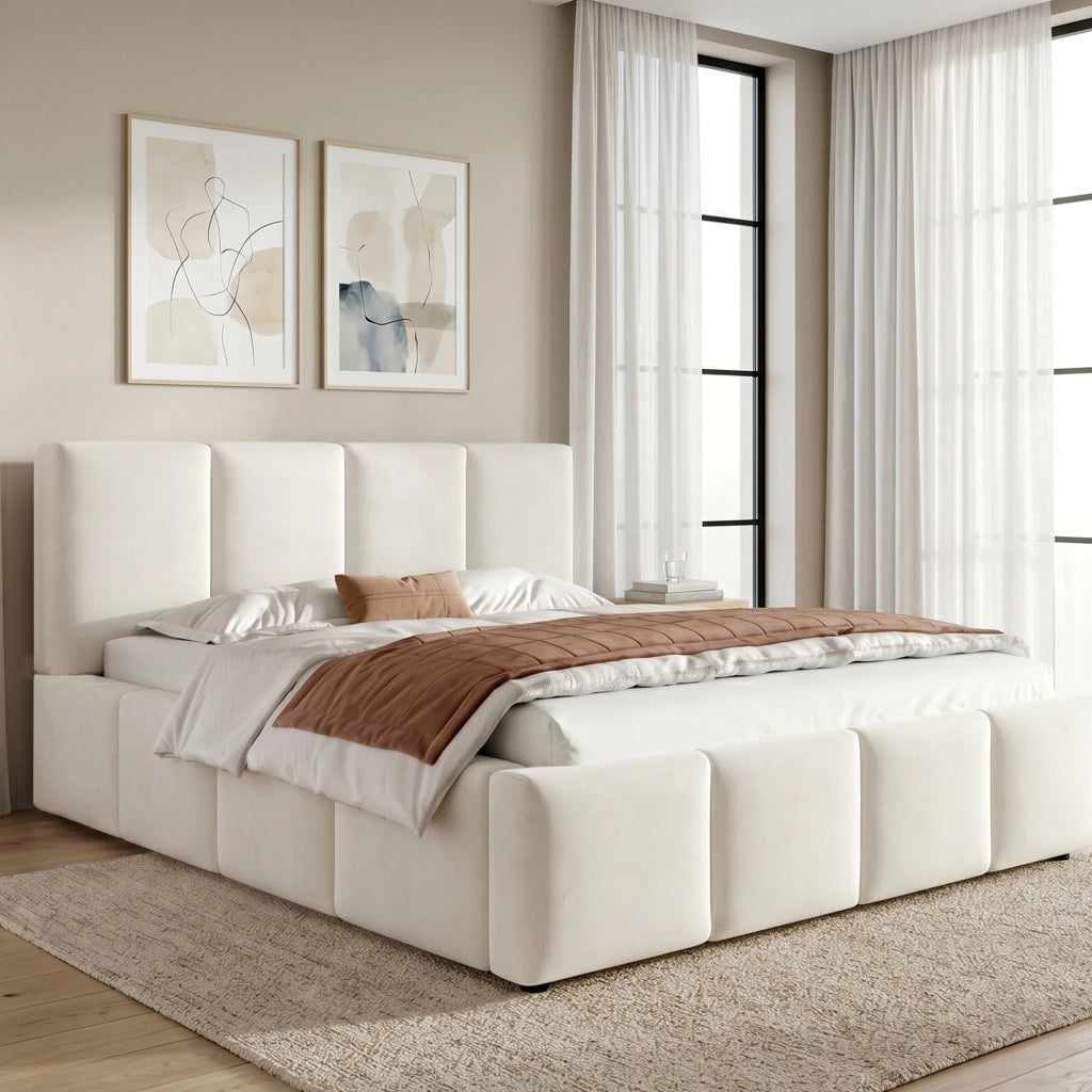 Letto per adulti 180 × 200 cm con testiera imbottita, rete inclusa, senza materasso, beige