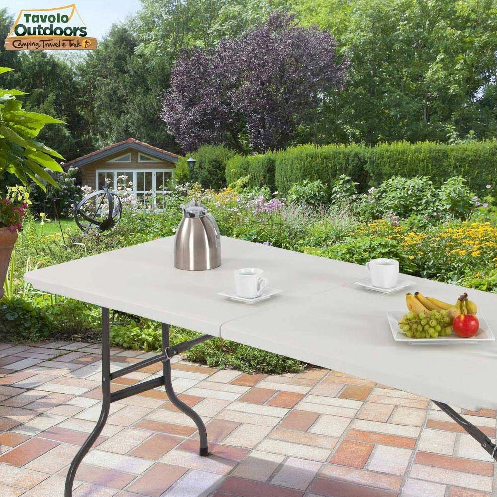 Tavolo Pieghevole in Resina HDPE 183x76 H74cm Richiudibile Salvaspazio Bianco