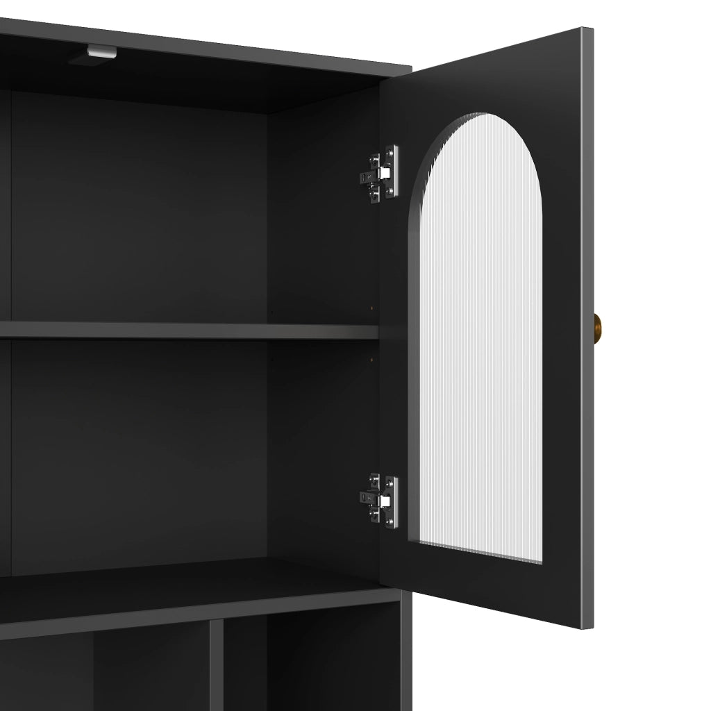 Credenza alta con 4 ante; 3 cassetti; vani aperti e ripiani regolabili con LED; in MDF; nero; 106×30×175 cm