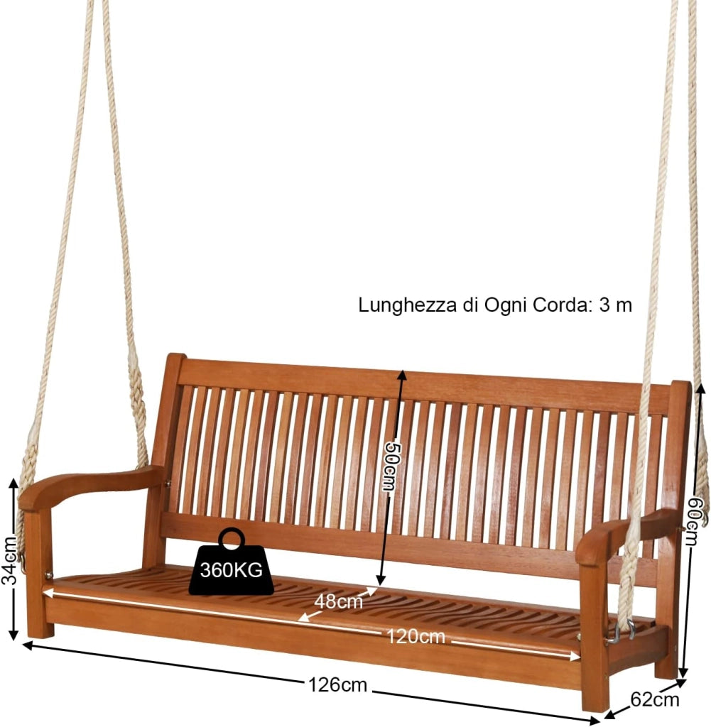 Dondolo Sospeso da Esterno con 2 Posti, Panca Altalena in Legno di Eucalipto con 2 Corde, Carico Massimo 360 kg, Ideale per Portico, Cortile e Balcone, 126 x 62 x 60 cm