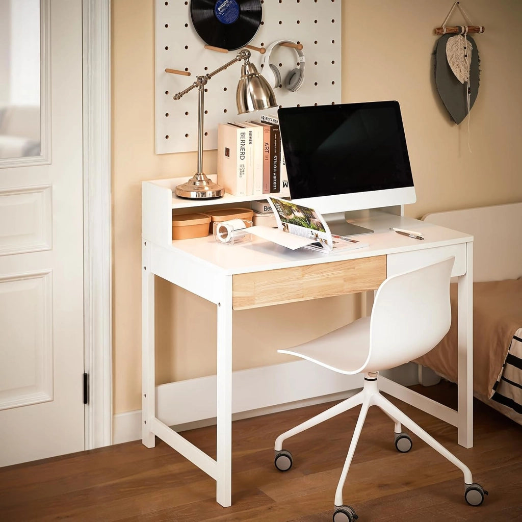 Scrivania Salvaspazio con 2 Cassetti Scrivania Ufficio Compatta Tavolo da Lavoro per Studio Cameretta e Camera da Letto Bianco 100x59x95cm FWT106-W