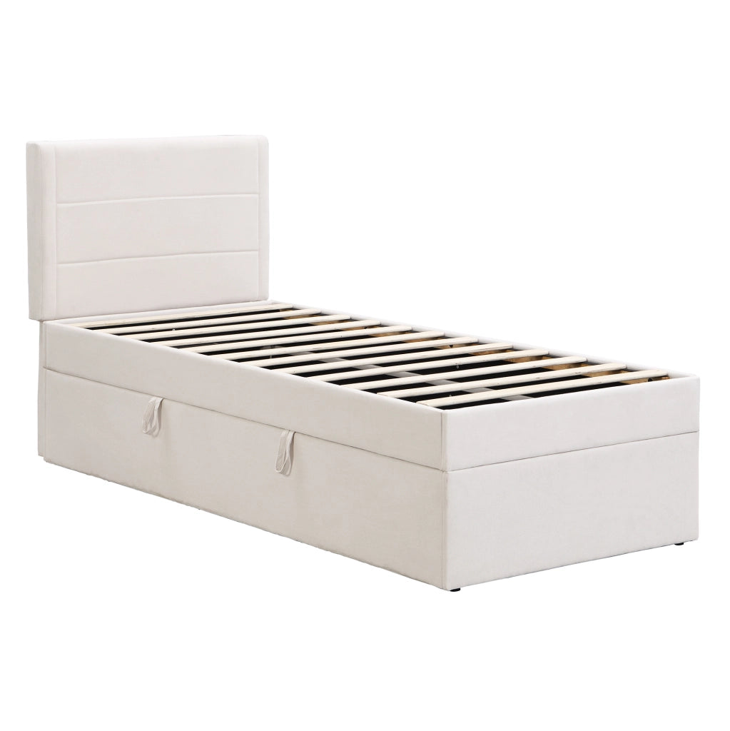 Letto singolo imbottito 90x200 cm con rete a doghe in metallo e vano contenitore beige