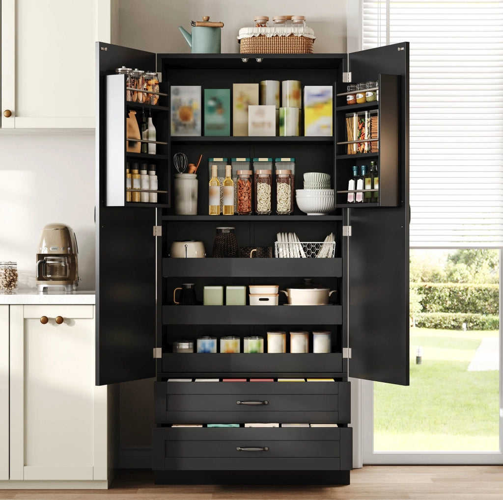 Credenza alta 180x80x37.5 cm con 3 ripiani estraibili; 2 cassetti; MDF; nero