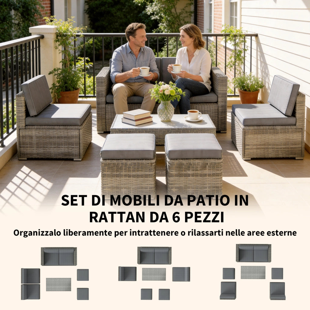 Set da Esterno 6pz con Divano, 2 Sedie, Tavolino con Piano in Vetro e 2 Pouf, Grigio Scuro